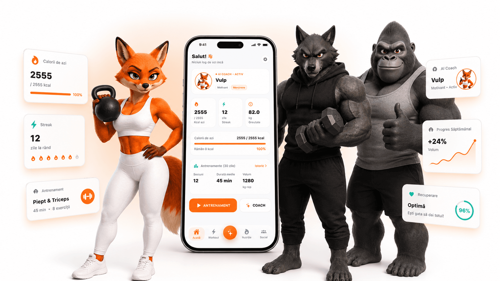 Habit app phone mockup cu Vulp, Lupu si Goro